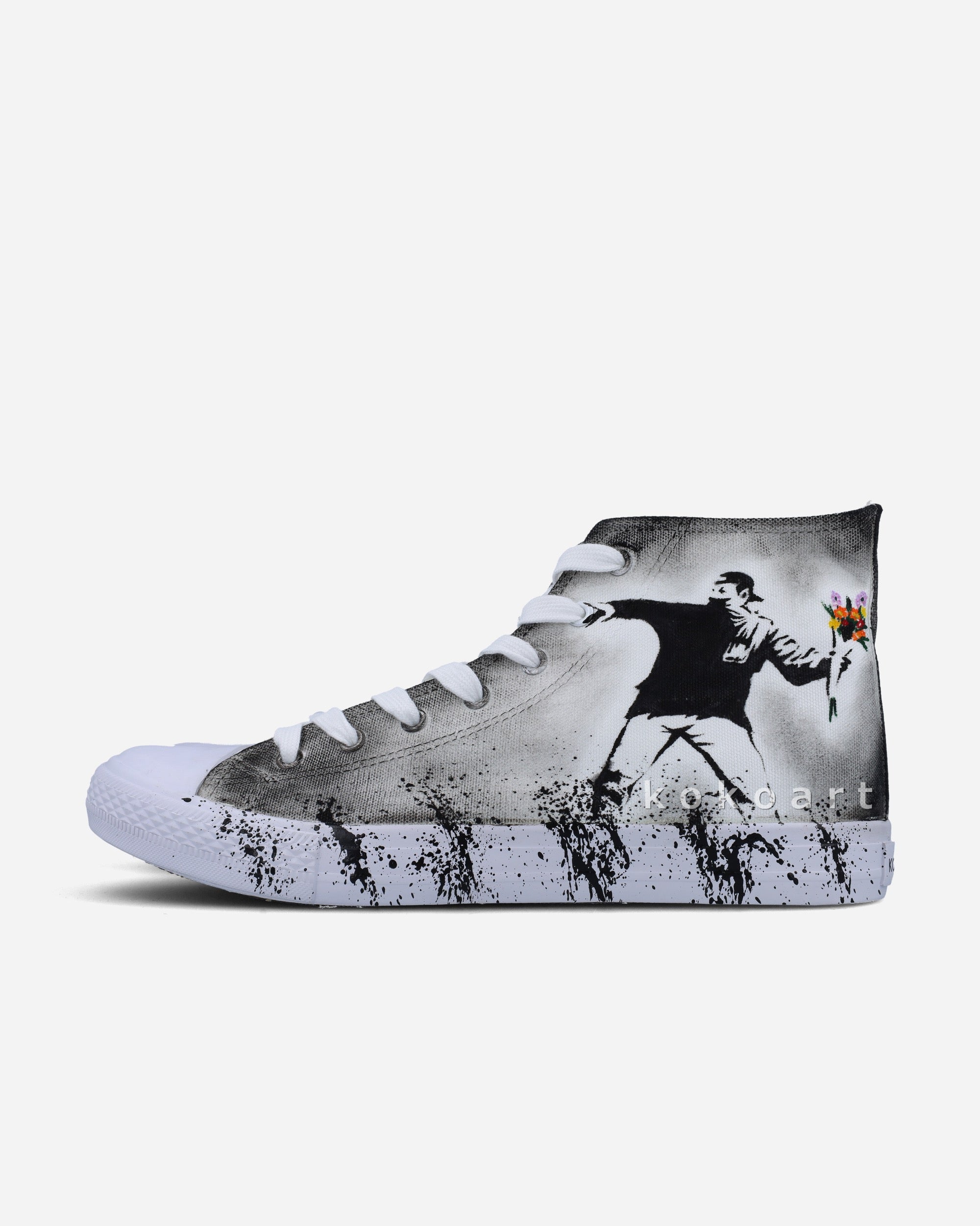 Banksy Girl with Balloon and Flower Thrower with Bricks Hand Painted Shoes