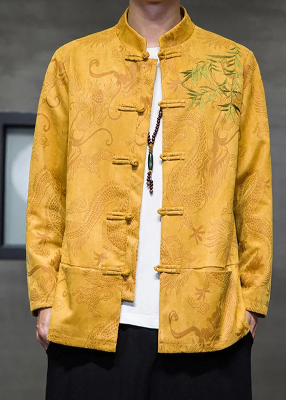 Chinese Style Yellow Embroideried Button Coats Spring