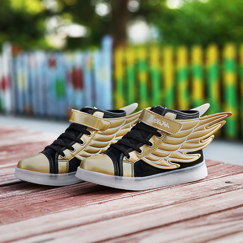 DoGeek Boys and Girls Gift High Top Black Gold Wings Light Up Shoes, Black, 25 EU-37 EU(Choose Half Size Up)