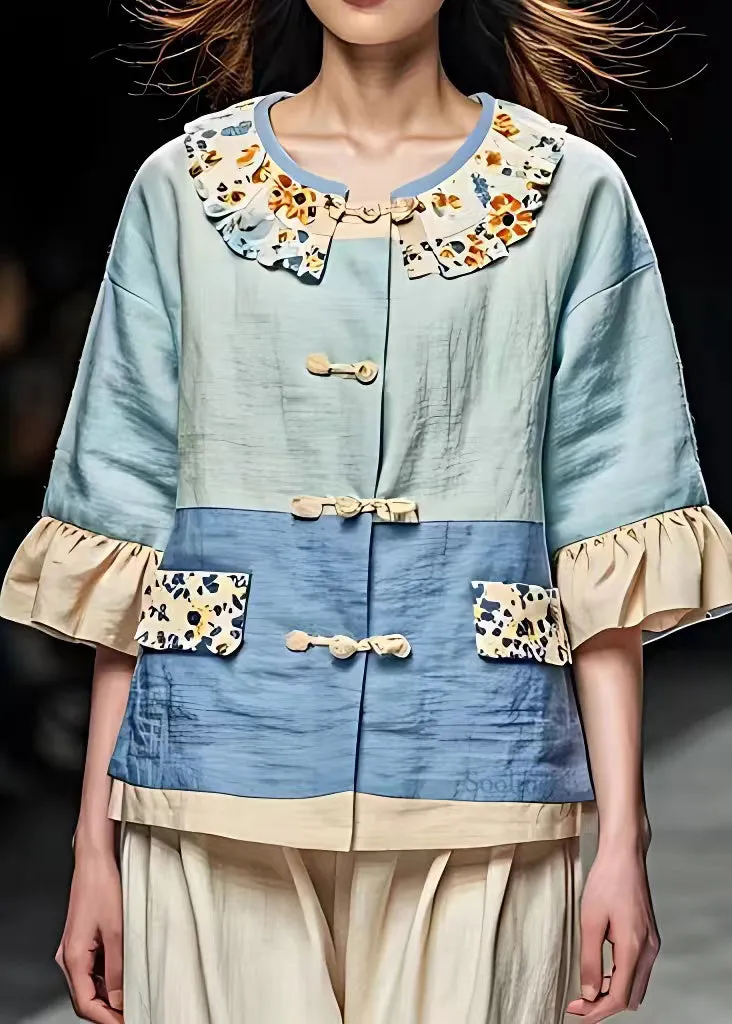 French Blue Print Ruffled Patchwork Coats Half Sleeve