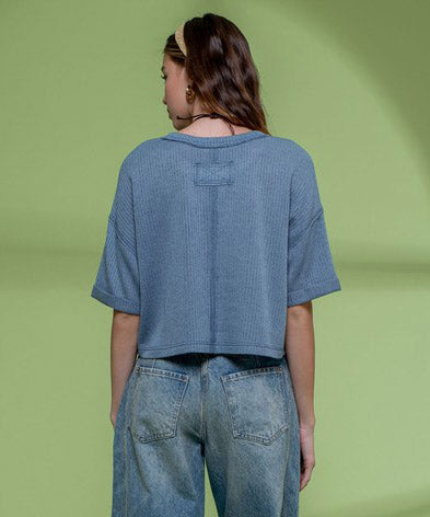 Knit Top with Fold Sleeves - Dusty Teal