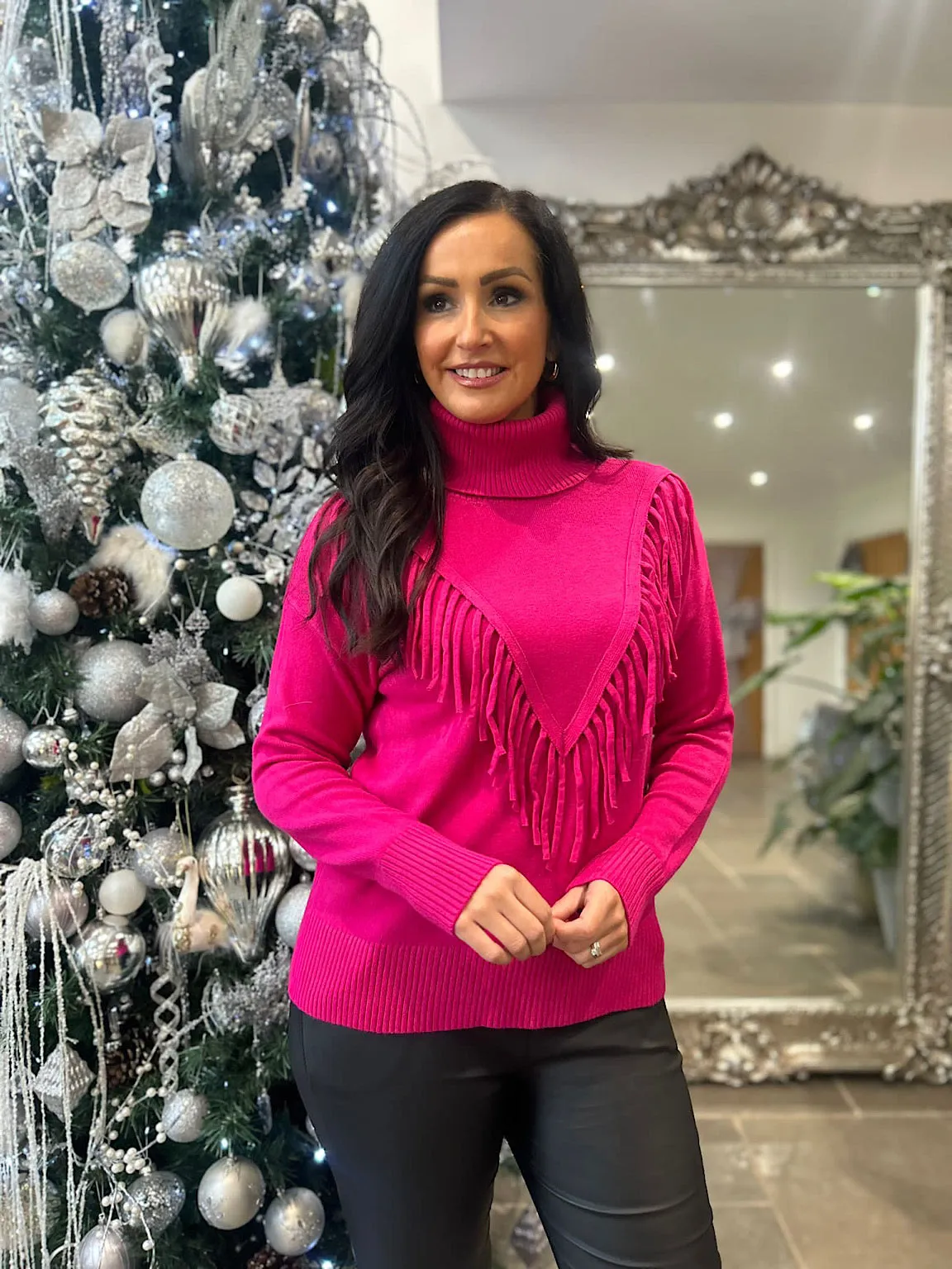 Lipstick Pink Tassel Front Roll Neck Danni