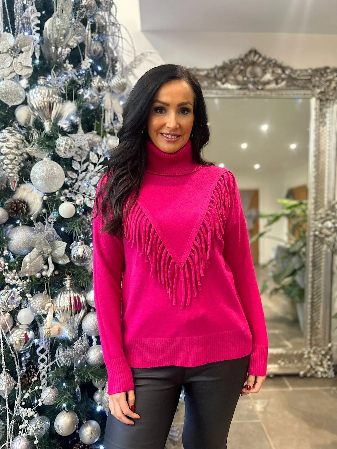 Lipstick Pink Tassel Front Roll Neck Danni