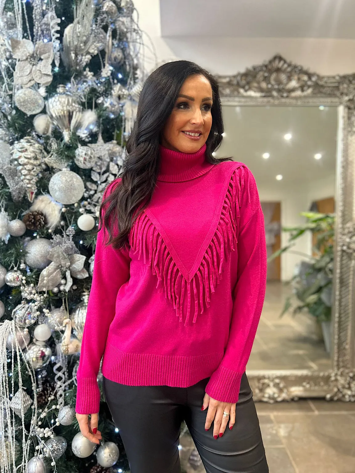 Lipstick Pink Tassel Front Roll Neck Danni