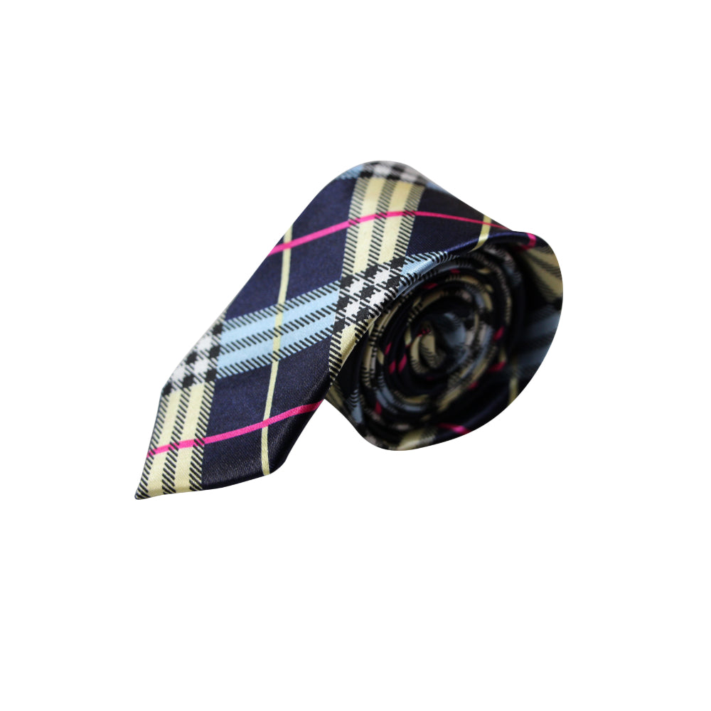 Mens Navy, Pink & Yellow Plaid 5cm Skinny Neck Tie