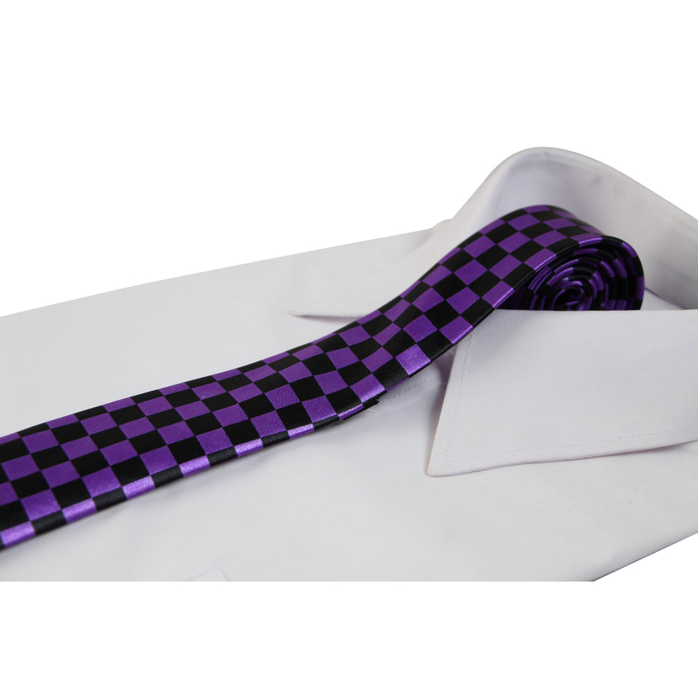 Mens Purple & Black Checkered 5cm Skinny Neck Tie