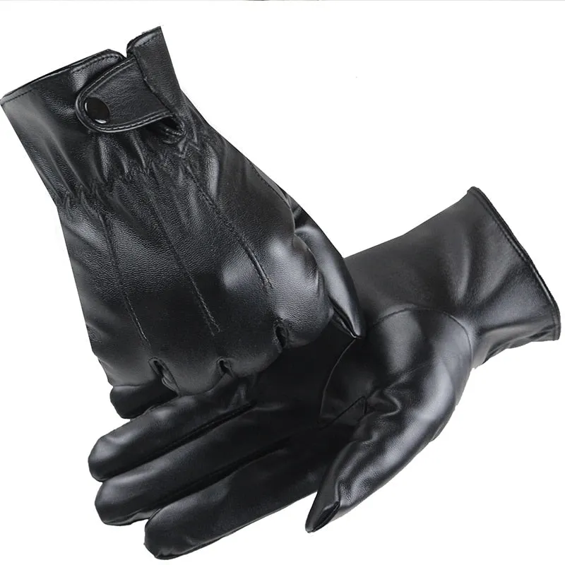 Men's Winter Warm Black Synthetic Leather Full Finger Thick Gloves