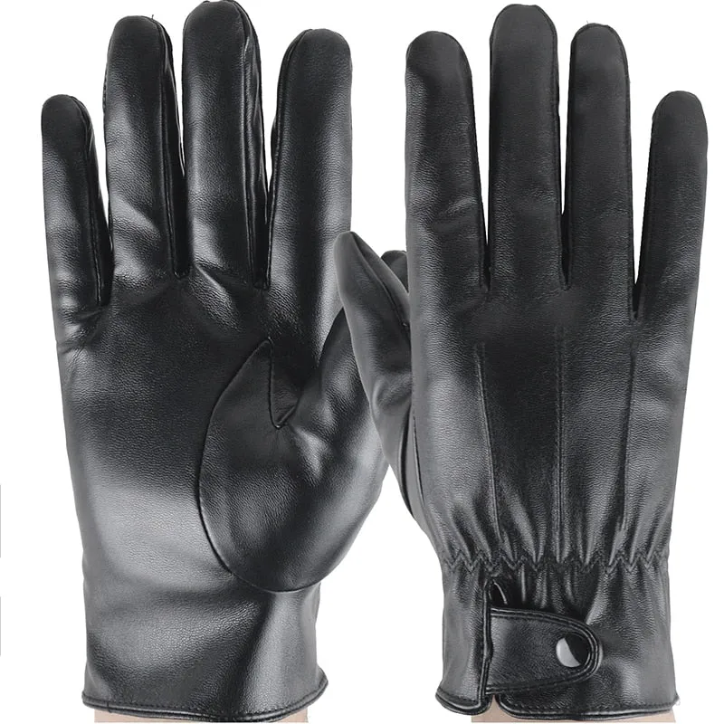 Men's Winter Warm Black Synthetic Leather Full Finger Thick Gloves