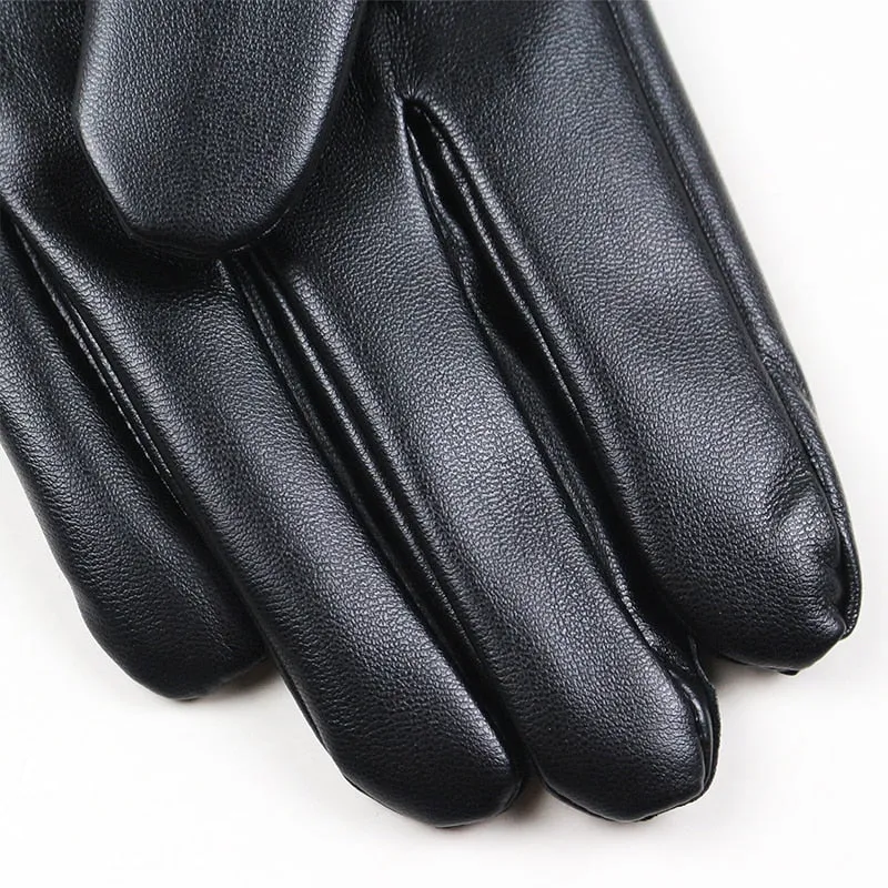 Men's Winter Warm Black Synthetic Leather Full Finger Thick Gloves