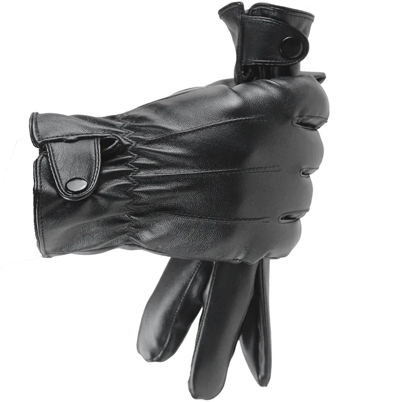 Men's Winter Warm Black Synthetic Leather Full Finger Thick Gloves