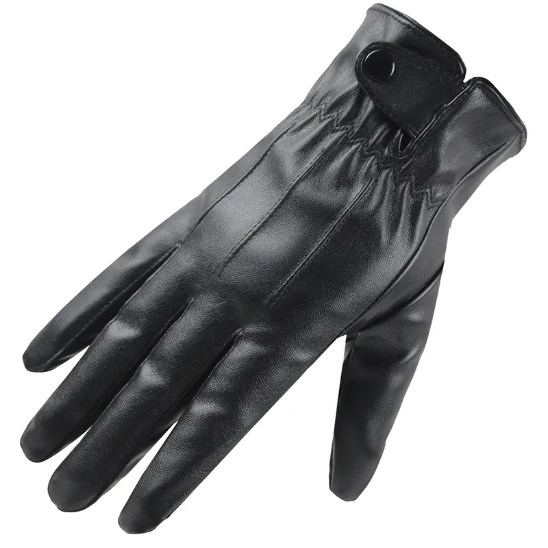 Men's Winter Warm Black Synthetic Leather Full Finger Thick Gloves