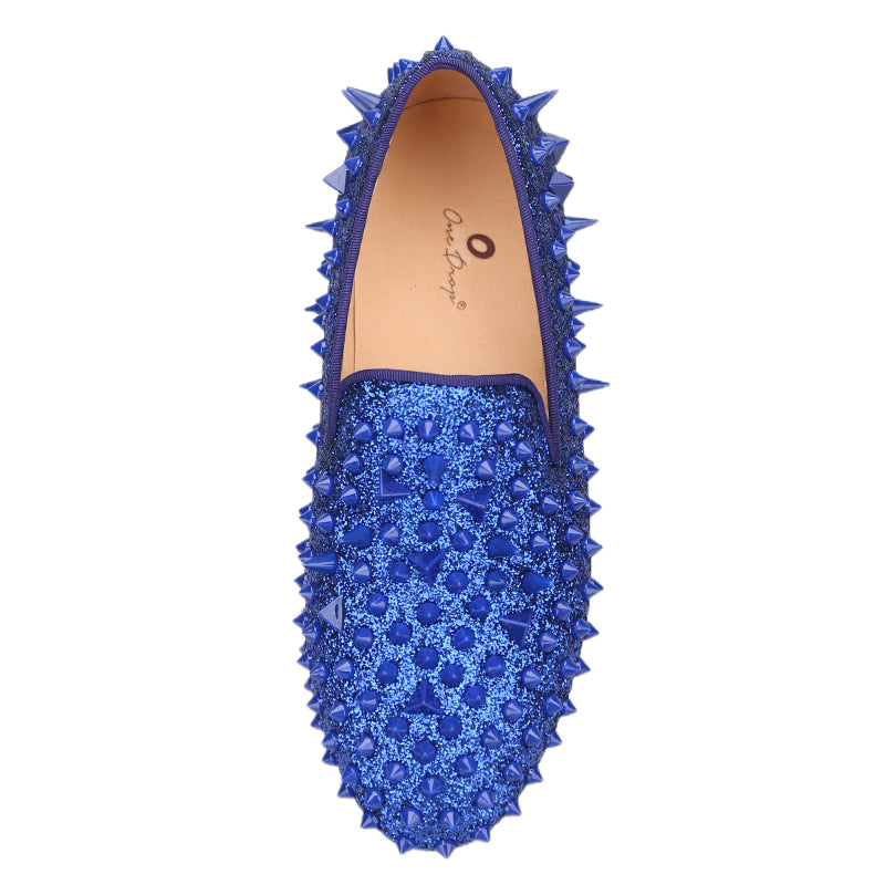 OneDrop Kids Handmade Blue Leather Spikes Children Shoes Wedding Birthday Prom Party Loafers