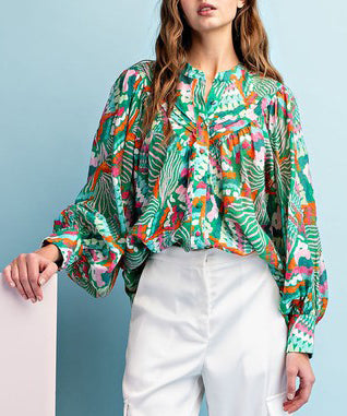 Printed Button Down Top - Green/Pink