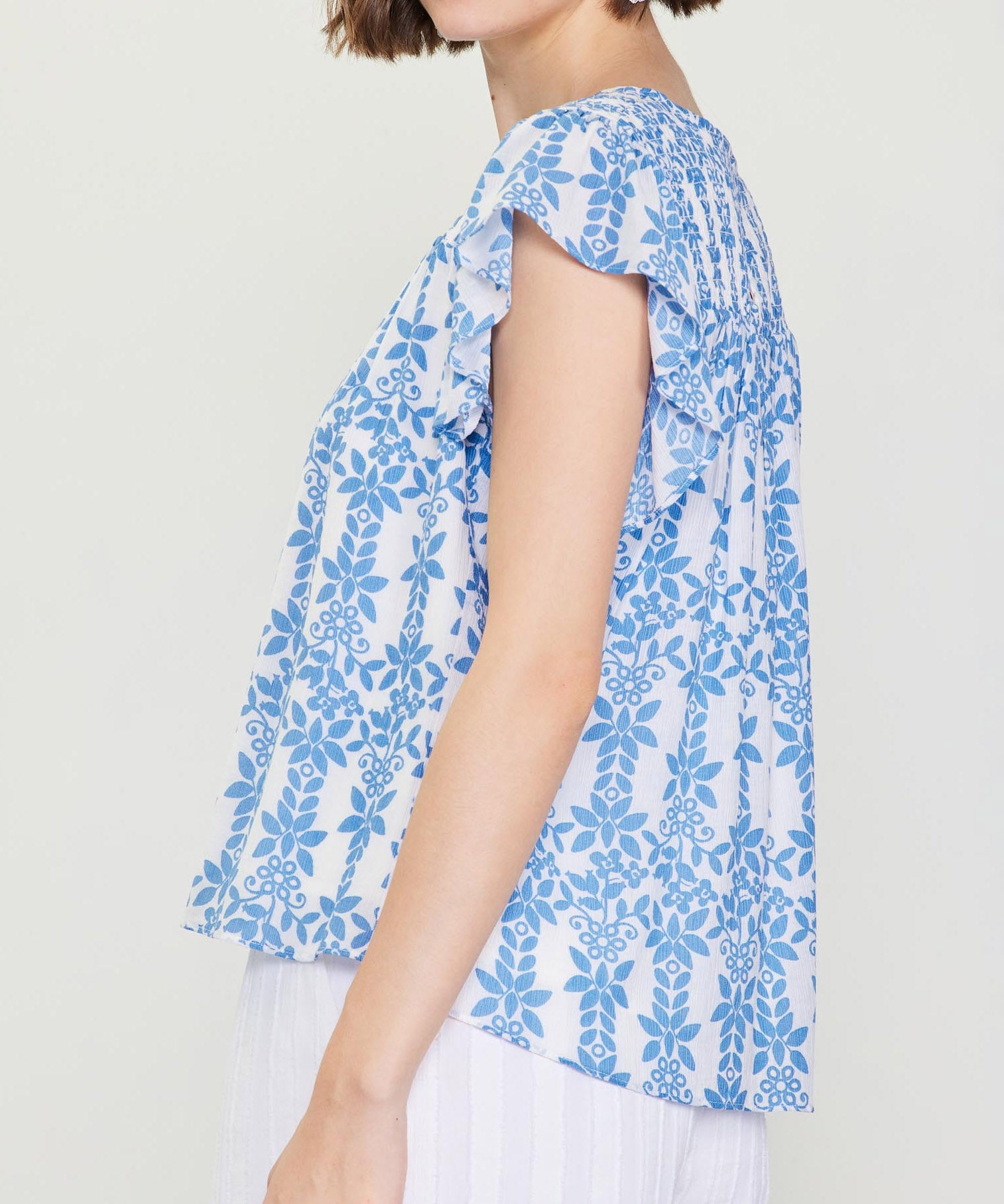 Printed Smocked Yoke Top - Blue