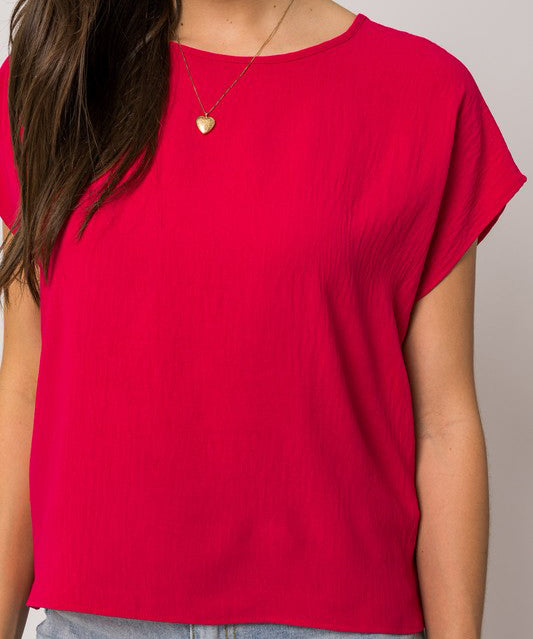 Short Sleeve Back Overlap Top - Fuchsia