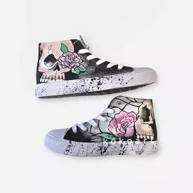 Skulls and Pink Roses Hand Painted Shoes