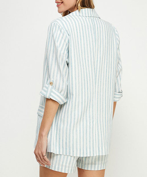 Stripe Linen Blazer - Soft Blue