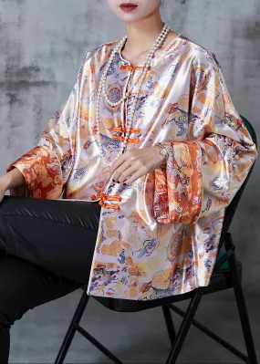 Vintage Apricot Oversized Print Silk Oriental Coats Spring