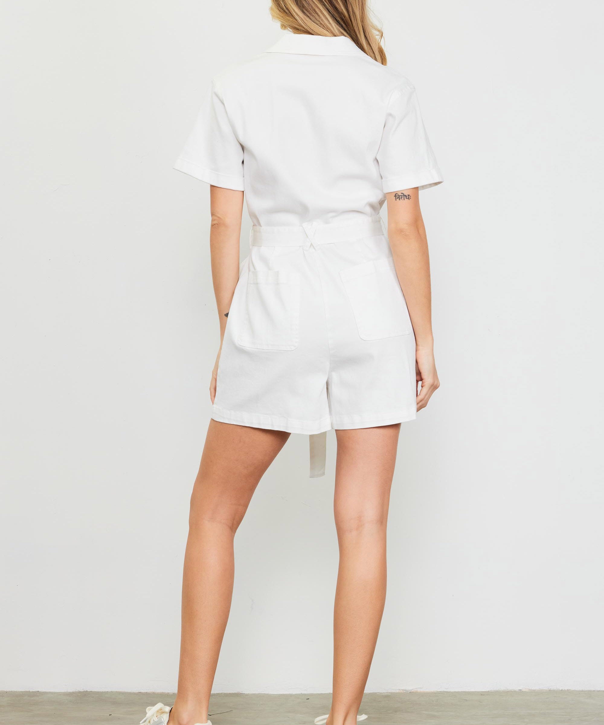 Washed Short Sleeve Utility Romper - White