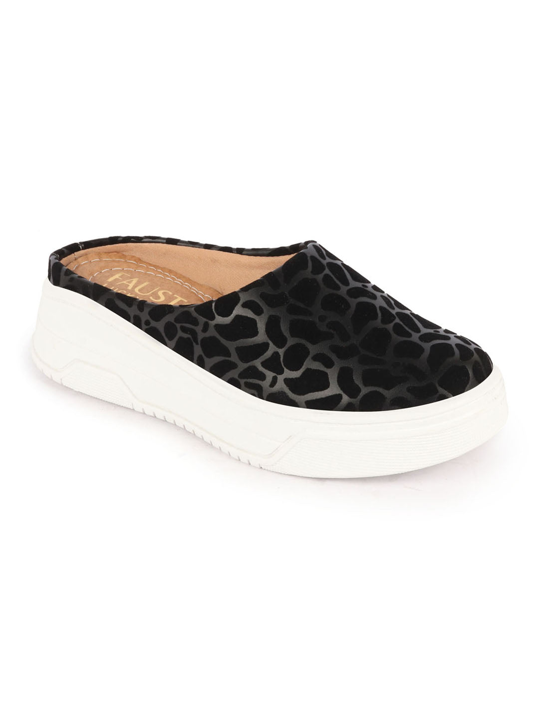 Women Black Leopard Print Height Enhancer Open Back Slip On Casual Shoes