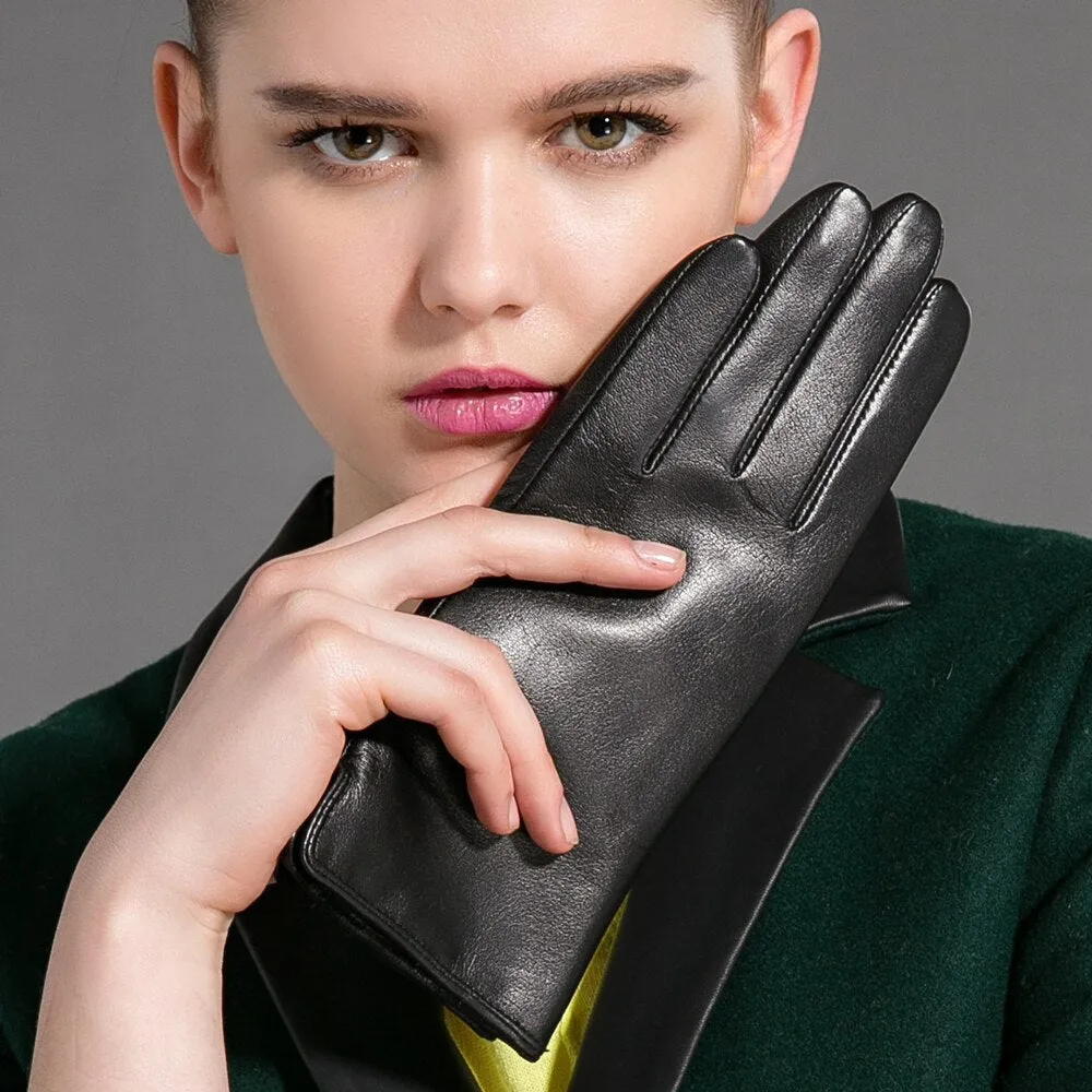 Women's Black Fashion Fleece Lining Genuine Goatskin Leather Gloves