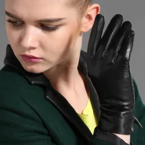 Women's Black Fashion Fleece Lining Genuine Goatskin Leather Gloves