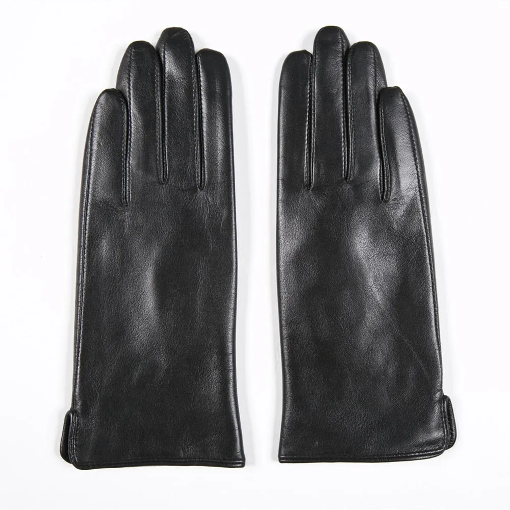 Women's Black Fashion Fleece Lining Genuine Goatskin Leather Gloves