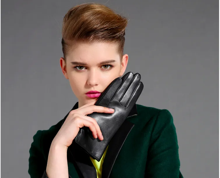 Women's Black Fashion Fleece Lining Genuine Goatskin Leather Gloves